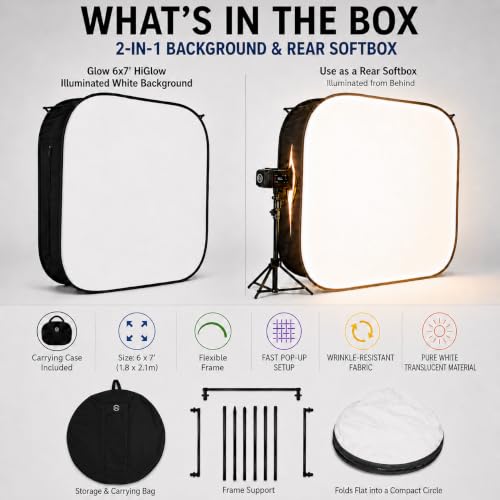 Glow HiGlow 6 x 7 ft Illuminated White Background & Rear Softbox, 2-in-1 Free-Standing Collapsible Photography Backdrop, Removable Fabric Panel, Carry Bag, 1-Year Limited Warranty - size: 6 x 7 ft