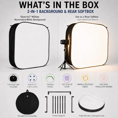 Glow HiGlow 6 x 7 ft Illuminated White Background & Rear Softbox, 2-in-1 Free-Standing Collapsible Photography Backdrop, Removable Fabric Panel, Carry Bag, 1-Year Limited Warranty - size: 6 x 7 ft
