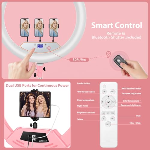 22" Large Ring Light with Stand,Foldable LED Big Ring Light Tripod for iPhone Phone Ipad, 75" Tall Tripod Touch Screen,Wireless Remote for Live Stream,YouTube,TikTok Video Shooting Pink - color: Pink