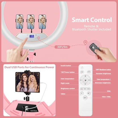 22" Large Ring Light with Stand,Foldable LED Big Ring Light Tripod for iPhone Phone Ipad, 75" Tall Tripod Touch Screen,Wireless Remote for Live Stream,YouTube,TikTok Video Shooting Pink - color: Pink