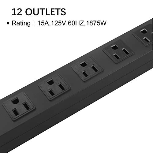 Metal Wall Mount Power Strip, Mountable Power Outlet with 12 AC Outlets, Aluminum Alloy Mount Power Socket with Switch, 6 FT SJT 3/C 14AWG Power Cord, 15A 125V 1875W (12AC) Black - size: 6 ft, style: 12 Outlets