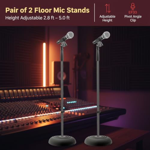 Pyle Universal Microphone Stand - Handheld Mic Compatible, Heavy Compact Base, Lightweight & Compact Design, 2.8 to 5 Ft Height Adjustable Clamp, Pivot Angle Clip, Home/Studio Use (Pair) - style: 2 Pack