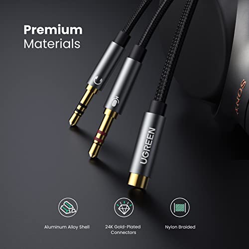 UGREEN Headphone Splitter for Computer 3.5mm Female to 2 Dual 3.5mm Male Braided Audio Splitter Cable Microphone Stereo Jack Earphones Port Cord Gaming Headset to PC Laptop Adapter Black