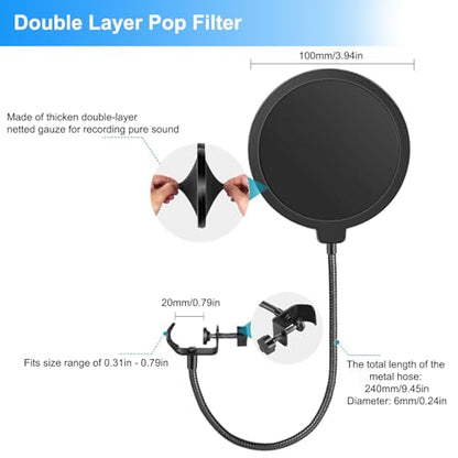 Mic Stand Desk, Table Mic Tripod Desktop Mic Stand Height Adjustable Small Microphone Stand for Desk with Pop Filter Shock Mount Mic Clip 1/4" to 5/8" Adapter for Blue Yeti Snowball - style: Pop filter + Shock mount