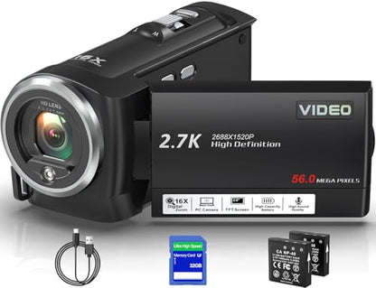 Video Camera Camcorder, QHD 2.7K 56MP 16X Digital Vlogging Camera with LED Fill Light for YouTube, 2.8'' 270° Rotation Screen Camcorder Camera with 32GB Card and Two Batteries