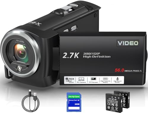 Video Camera Camcorder, QHD 2.7K 56MP 16X Digital Vlogging Camera with LED Fill Light for YouTube, 2.8'' 270° Rotation Screen Camcorder Camera with 32GB Card and Two Batteries