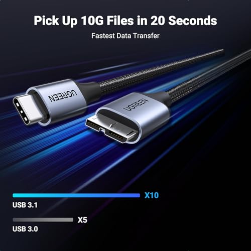 UGREEN 10 Gbps Micro B to USB C Hard Drive Cables, 3.3FT USB C to Micro B, External Hard Drive Cable Compatible with MacBook Pro/Air, iPad/Tablet, iPhone, Samsung Galaxy S24, WD Seagate etc - size: 3.3 FT