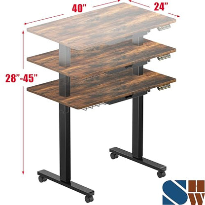 SHW 40-Inch Mobile Electric Height Adjustable Sit to Stand Desk with Drawer, Hanging Hooks and Cable Management, Rustic Brown - color: Rustic Brown