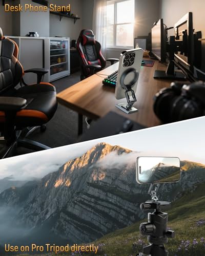 MOSENVKA Dual Magnetic Phone Holder Gym Magnetic Stand,Tripod Phone Mount (1/4'' Hole& ARCA-Swiss),Portable Phone Grip for iPhone 12/13/14/15/16/17-Desk/Car/Gym/Golf Cart/Airplane Use Stand (Silver) - color: Silver