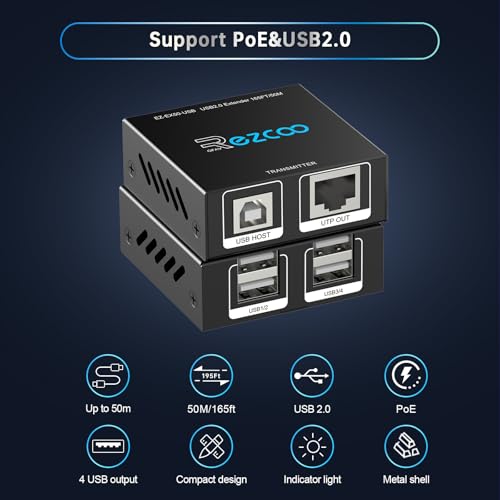 USB Extender 165ft 50m 4-Port USB2.0 HUB by Cat5e Cat6 -Two Webcam Work Sync,Plug & Play for Camera Storage Hard Drive PC Windows,MacOS,Android,1.5m USB Cable, 5V Power U SB Over Ethernet