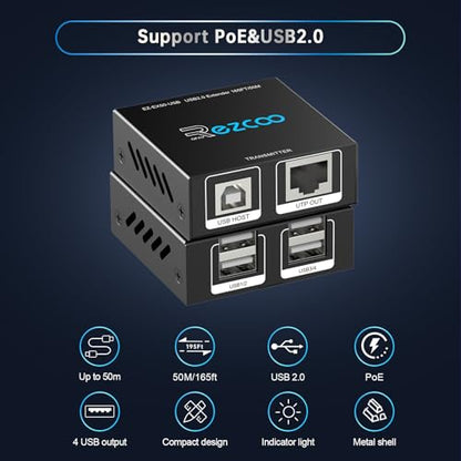 USB Extender 165ft 50m 4-Port USB2.0 HUB by Cat5e Cat6 -Two Webcam Work Sync,Plug & Play for Camera Storage Hard Drive PC Windows,MacOS,Android,1.5m USB Cable, 5V Power U SB Over Ethernet