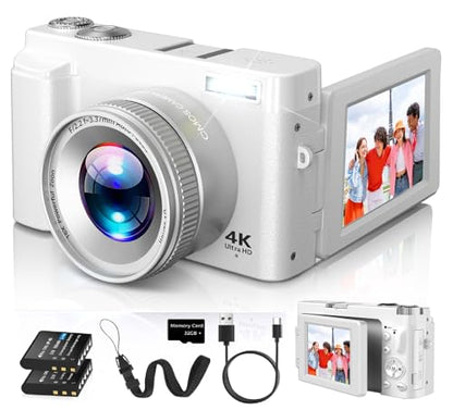 4K Digital Camera for Photography Autofocus, FHD 48MP Vlogging Camera for YouTube with SD Card, 2 Batteries, 16X Zoom,3" 180°Flip Screen Compact Travel Camera for Teens Beginners - color: Off White