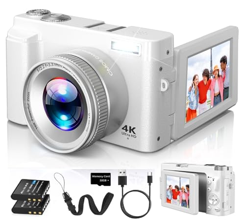 4K Digital Camera for Photography Autofocus, FHD 48MP Vlogging Camera for YouTube with SD Card, 2 Batteries, 16X Zoom,3" 180°Flip Screen Compact Travel Camera for Teens Beginners - color: Off White