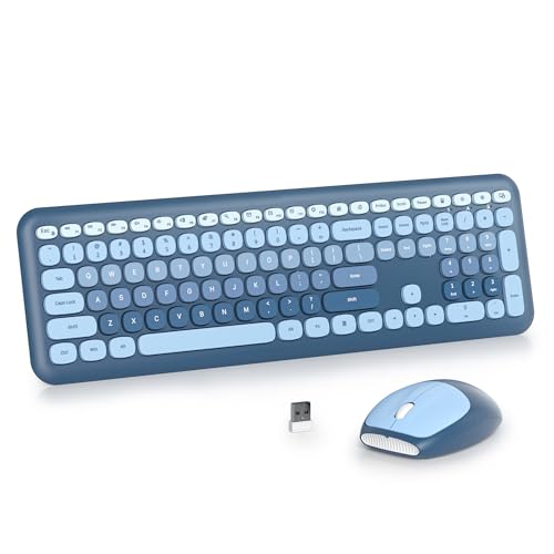 Colorful Blue Quiet Keyboard and Mouse Wireless, Retro Typewriter 104-Key Fullsize Keyboard Round Keys for Home Office Dorms PC/Laptop/Desktop(Ocean Blue) - color: Ocean Blue