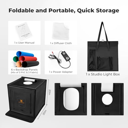K&F CONCEPT Photo Studio Shooting Tent, 20"x20" Light Box with 160 LEDs 97+ CRI, 3000K-5600K Dimmable & 6 Backdrops, Portable Folding Lightbox for Product Photography - size: 20*20 inch