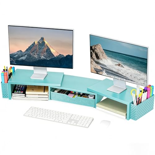 Spacrea Metal Desk Organizers and Accessories, Dual Monitor Stand Riser with Drawer and 2 Pen Holders, Desk Accessories & Workspace Desktop Organizers for Office Supplies (Blue) - color: Blue