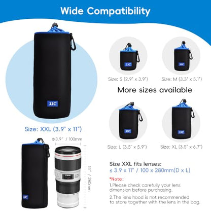 JJC Drawstring Neoprene Camera Lens Pouch Case, Protective Lens Bag for DLSR Mirrorless Lenses Up to 3.9 x 11.0" (D X H) for Canon EF 70-200mm EF 100-400mm EF 70-300mm AF-S 70-200mm and More - size: XXL (3.9" x 11")