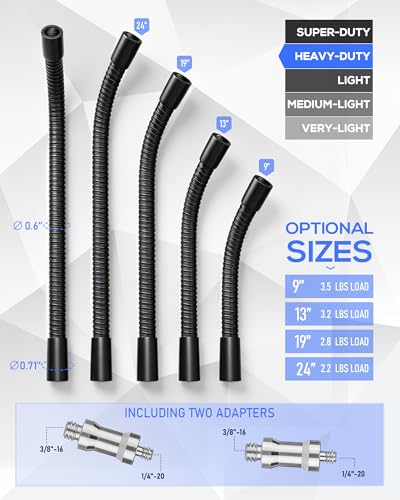 Heavy-Duty 19" Flexible Gooseneck Arm Extension Tube Bar Rod Kit Flex Mount with 1/4" & 3/8" Threads for Mobile Phones Cameras Mic Lighting and More Fits Most Stands Tripods Rigs Grips and Clamps - size: 19 Inch