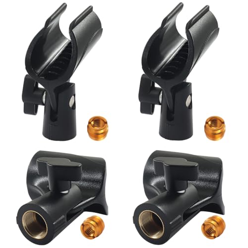 4 Pack Universal Microphone Clip – Adjustable Mic Clip Holder for Mic Stand, Fits 0.65-1.12 Inch Diameter Handheld Mics, with 5/8" Male to 3/8" Female Screw Adapter, Black