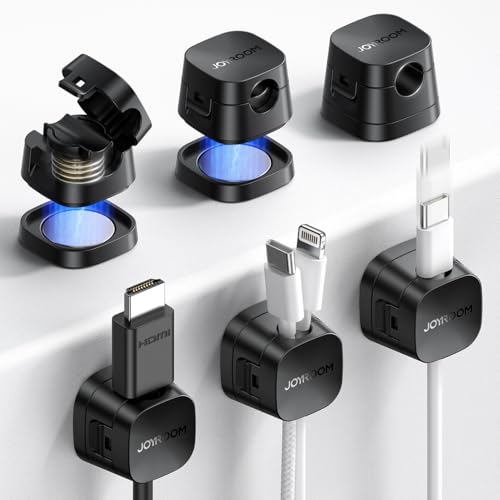 JOYROOM Detachable Magnetic Cord Organizer w/Secure Snap-Lock, 2-in-1 Adhesive& Magnetic Cable Clips, Auto-Fit Spring Management for φ1.5~8mm Cables, Under Desk Nightstand Home Office Car Wire Keeper - color: Black