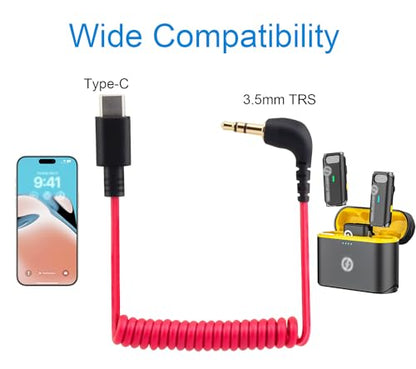for Rode Wireless GO 2 / ME/Pro USB C to 3.5mm TRS Microphone Adapter Mic Cable, for Hollyland Lark M1 / M2 / MAX / 150 / M1 / MAX Duo DAC Coiled Cable for Android iPhone 15 - color: 3.5MM to USB C