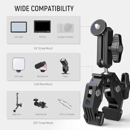 NEEWER Super Clamp with 3" Dual Ballhead Magic Arm, Cold Shoe, 1/4" Threads, Phone/Action Camera Mount Adapter for Desk Tripod Tube Crossbar Gimbal Rods Compatible with SmallRig GoPro DJI, ST83 - style: ST83