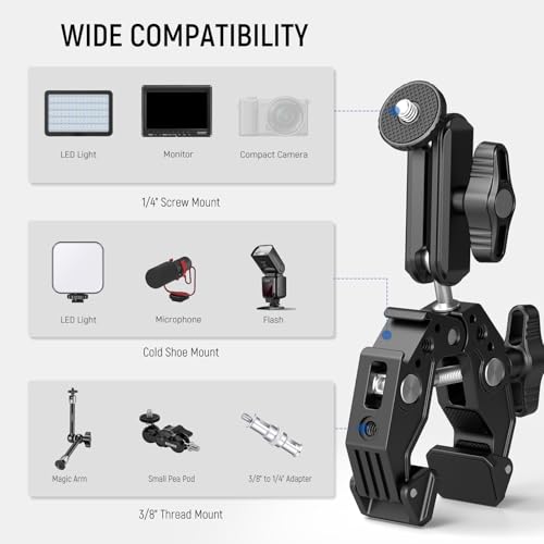 NEEWER Super Clamp with 3" Dual Ballhead Magic Arm, Cold Shoe, 1/4" Threads, Phone/Action Camera Mount Adapter for Desk Tripod Tube Crossbar Gimbal Rods Compatible with SmallRig GoPro DJI, ST83 - style: ST83