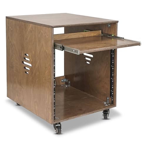 Sound Town 10U Solid Baltic Birch Plywood Studio Rack Desk with Slide-Out Tray, Rubber Feet, Casters, for Recording, Podcasts, Broadcasts, Streaming, Weathered Brown (SDRK-ST10B) - size: 10U, Weathered Brown w/ Tray