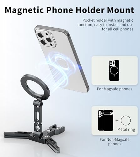 Magnetic Phone Tripod Mount Adapter for MagSafe, Aluminum Foldable Phone Holder with Arca-Swiss & 1/4" Screw Hole, Cold Shoe Mount for Camera, Pocket Mini Selfie Stick Tripod Mount for iPhone/Android