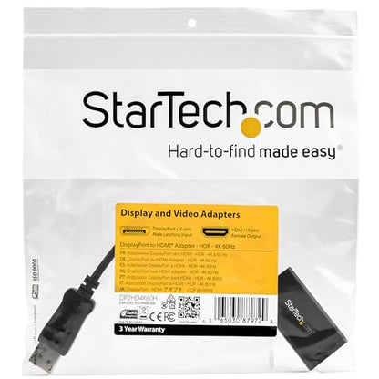 StarTech.com DisplayPort to HDMI Adapter - 4K 60Hz HDR10 Active DisplayPort 1.4 to HDMI 2.0b Video Converter - 4K DP to HDMI Adapter Dongle for Monitor/Display/TV - Latching DP Connector (DP2HD4K60H)