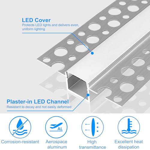 Plaster-in LED Aluminum Channel, 3.3FT/1M 6 Pack Trimless Recessed LED Light Strip Diffuser Channel, Drywall Aluminum LED Profile with Milky Diffuser for Ceiling and Wall - size: Double-Sided-6 Pack