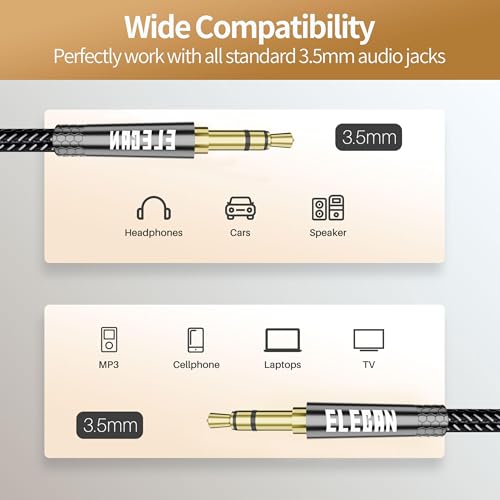Elecan 3.5mm AUX Cable 35 Ft (Hi-Fi Sound-Zinc Alloy Case-OD 3.5MM-Ultra Slim&Soft) Auxiliary Stereo Audio Cable Braided 1/8 inch 3.5 mm AUX Cord for Headphones,Car,Home Stereos, Speaker,Phones - size: 35FT-1PK, style: Straight to Straight