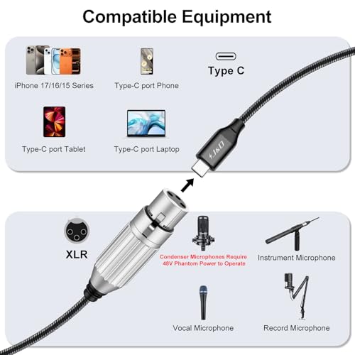 J&D USB C to XLR Microphone Audio Cable, Braided USB C to XLR Female Cable for Audio Recording, Dynamic Microphone, Compatible for iPhone 16/17 Series, MacBook, 3.3 Feet - size: 3.3 Feet