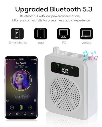 Wireless Voice Amplifier with Lavalier Microphones, Portable Voice Amplifier, Microphone with Speaker, Mini Megaphone with Clip on/Lapel Mic Teacher Microphone for Classroom Speech (White) - color: White
