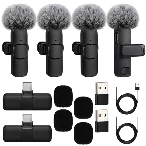 4 Pcs Professional Wireless Lavalier Microphone for Type C Phone Laptop PC K9 Dual Mics 4 Transmitter 2 Receiver Furry Windscreen USB Adapter 2/4 Person Video Mic for Vlog Interview Podcast