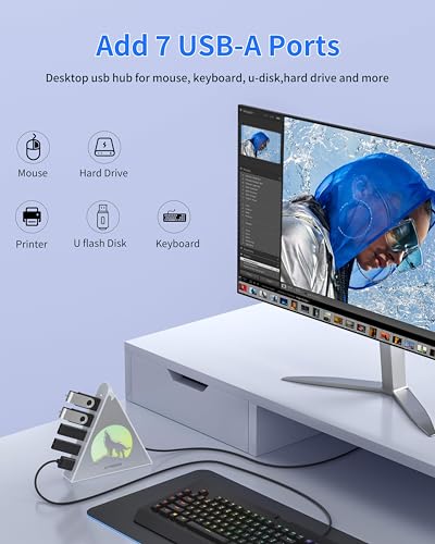 7 Port USB Hub, JoyReken USB 3.0 Hub with 2 FT Long Cable, Vertical USB Extension Hub for Laptop, MacBook,Xbox,PS4/5, Flash Drive, XPS, PC, Flash Drive, Game Console, Printer, Keyborad, Mouse (Silver) - color: 5-Wolf Silver
