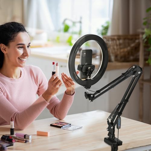 Overhead Camera Mount with 10" Selfie Ring Light,Adjustable Phone Arm Stand, Desk Tripod Holder Content Creator Lighting Kit with Remote for iPhone Filming,Video Recording,Tiktok,YouTube