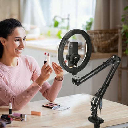 Overhead Camera Mount with 10" Selfie Ring Light,Adjustable Phone Arm Stand, Desk Tripod Holder Content Creator Lighting Kit with Remote for iPhone Filming,Video Recording,Tiktok,YouTube