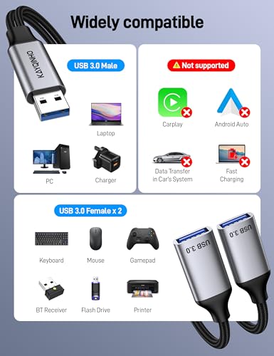 USB 3.0 Splitter 1 in 2 Out, USB Splitter Y Cable, USB Male to 2 Female Cable for PC, Tablet, Laptop, MacBook, Keyboard, PS4, PS5, Mouse, FlashDrive, LED, Etc. - size: 1 Pack