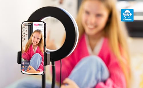 iDANCE 6-in-1 USB Desktop Media Stand, LED Ring Light Tripod with Phone Mount, Mic Stand & Remote, Adjustable 360° Arms, Desk Ring Light for Streaming, Recording & Content Creation