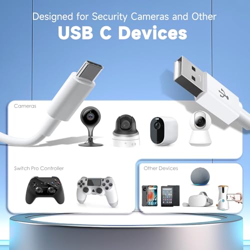 20ft/6M Long USB C Cable, Charging and Data Transfer, Durable USB A to USB C Power Charging Replacement Cord for Home Security Cameras, Phones, Switch Pro Controllers and More USB-C Devices-White - size: 20ft