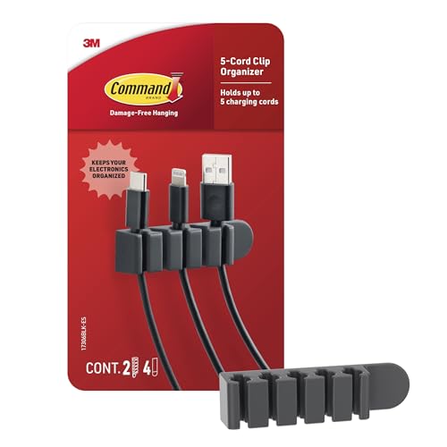 Command 5-Cord Clip Organizer, 4 Clips and 8 Medium Strips, Black, 1 Clip Holds up to 5 Charding Cords, Great for Damage-Free Electronics Organization Under Desk or Wall Mount - color: Black