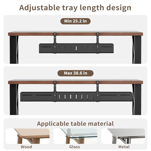 Under Desk Cable Management Tray, Expandable 25.2"–38.6", No Drill Clamp Mount, Cord Management Heavy Duty Carbon Steel Standing Cord Organizer for Home, Office, Gaming, Desk, Black