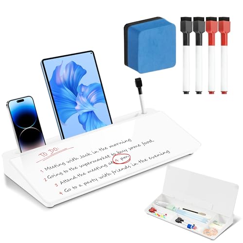VUSIGN Glass Desktop Whiteboard with Storage, 6.8" x 15.8" Small Dry Erase Board, Desk Organizer Whiteboard, Computer Keyboard Stand, Includes 4 Markers, 1 Eraser for Office, Home, School
