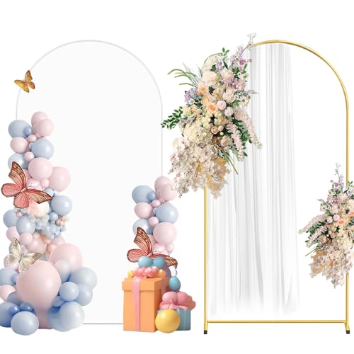 Metal Arch Backdrop Stand and Cover Set, 6.6FT White Reusable Spandex Fitted Backdrop Cover and Gold Wedding Arch Frame for Baby Shower, Birthday, Parties Decoration. - color: White, size: 6.6ft