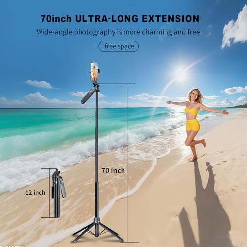70" Phone Tripod Stand with Wireless Remote, Selfie Stick for iPhone Samsung Android, Portable Cell Phone Holder for Video Recording Photos Vlogging Travel