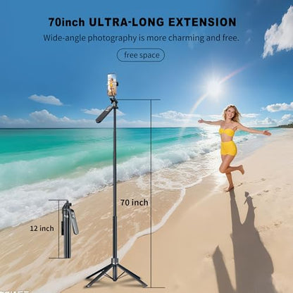 70" Phone Tripod Stand with Wireless Remote, Selfie Stick for iPhone Samsung Android, Portable Cell Phone Holder for Video Recording Photos Vlogging Travel