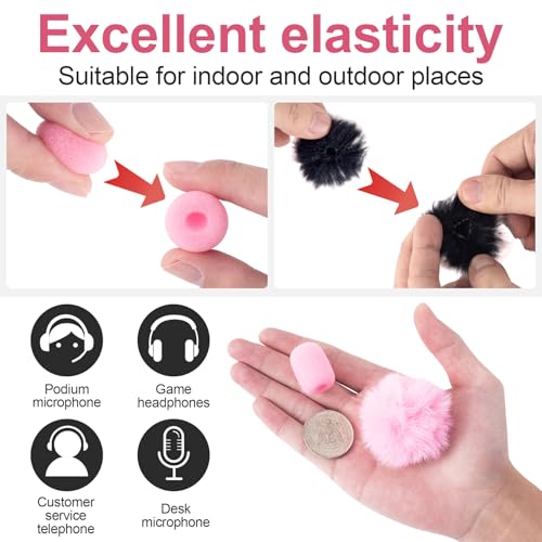 PAGOW 6 Pcs Mini Foam Microphone Windscreens ＆ Furry Cover, High Density Mic Headset Cover, Lapel Microphone Windscreen for Lavalier Microphones Noise Reduction (4pcs Foam + 2pcs Furry) - Black, Pink - color: Black,Pink,Foam(4pcs),Furry(2pcs)