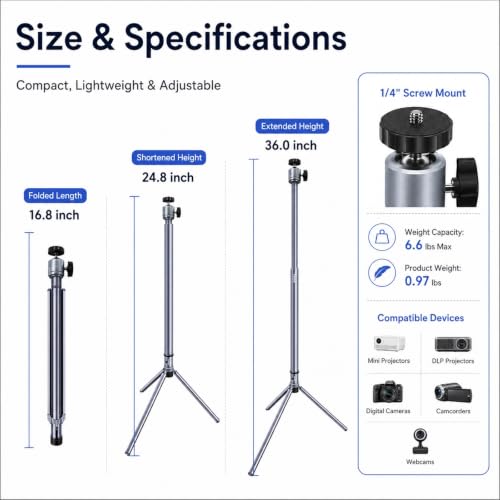 Projector Stand Tripod Adjustable Mount: Portable 360° Rotatable Universal Height 24" to 36" for Projectors Cameras Webcams Suitable for Home Office and Outdoor Scenarios