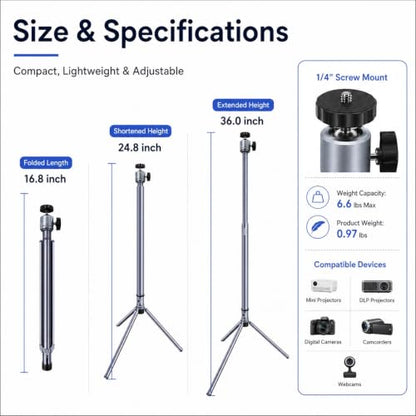 Projector Stand Tripod Adjustable Mount: Portable 360° Rotatable Universal Height 24" to 36" for Projectors Cameras Webcams Suitable for Home Office and Outdoor Scenarios